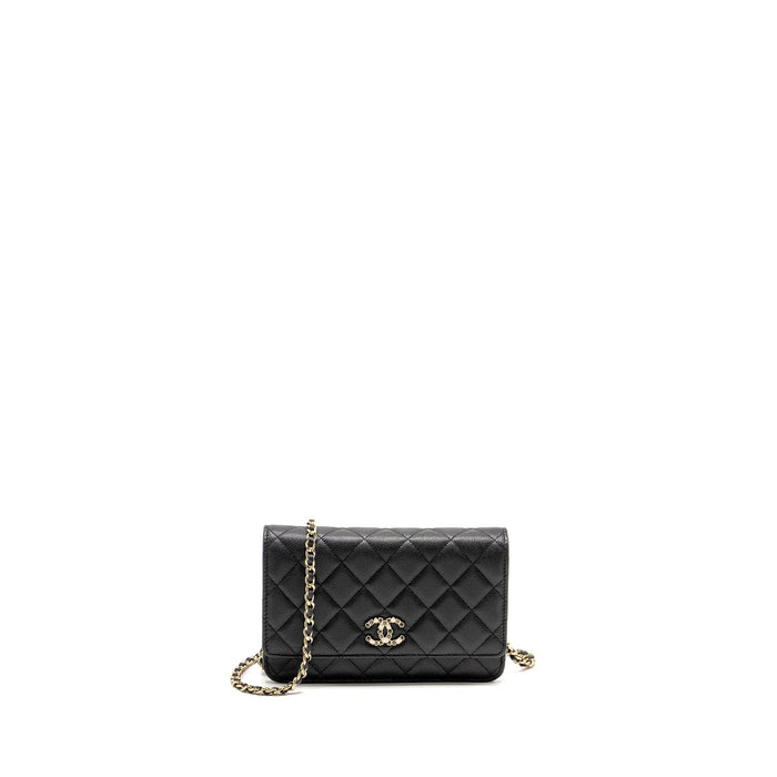 CHANEL DETAILED CC LOGO WALLET ON CHAIN CAVIAR BLACK LGHW (MICROCHIP)