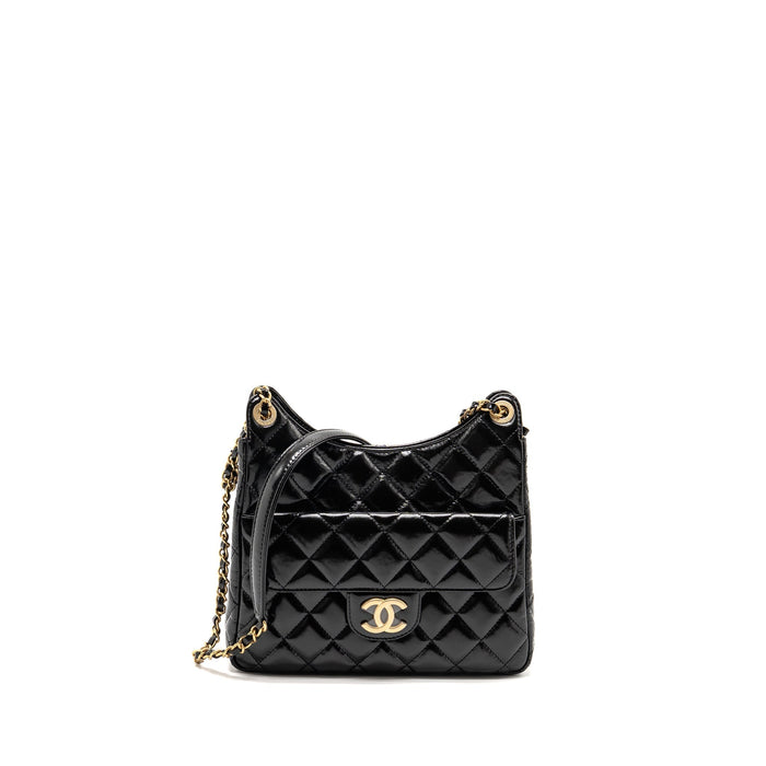 CHANEL HOBO BAG SHINY CALFSKIN BLACK BRUSHED GHW