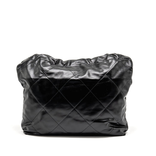CHANEL MEDIUM 22 BAG GOLD LETTER SHINY CALFSKIN BLACK GHW (MICROCHIP)