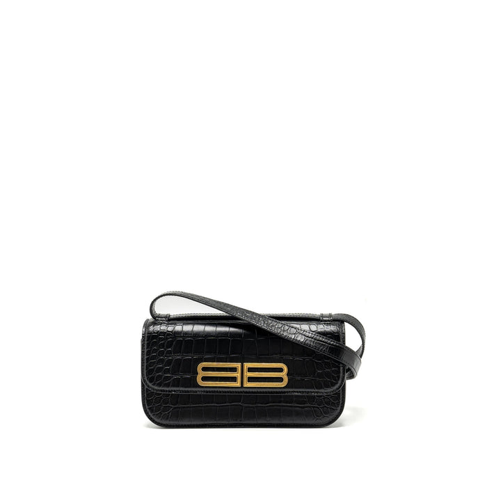 BALENCIAGA GOSSIP SHOULDER BAG CROC-EMBOSSED CALFSKIN BLACK GHW