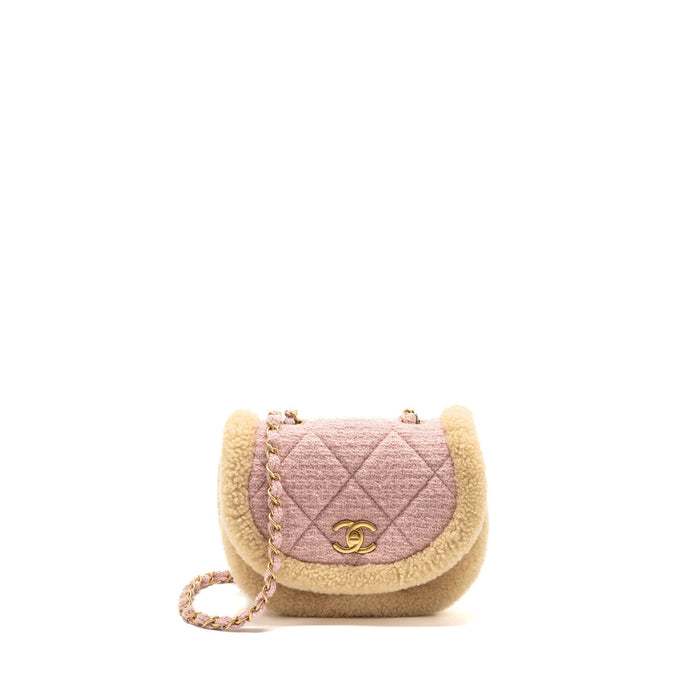 CHANEL 22K COZY COCO ROUND FLAP BAG TWEED/SHEARLING PINK GHW (MICROCHIP)