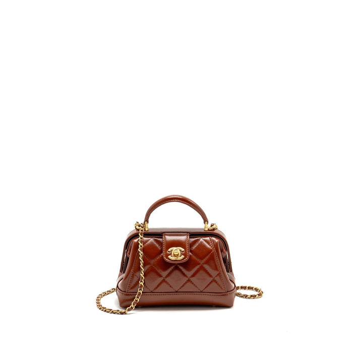 CHANEL 24A SMALL TOP HANDLE DOCTOR BAG QUILTED SHINY LAMBSKIN CARAMEL GHW (MICROCHIP)