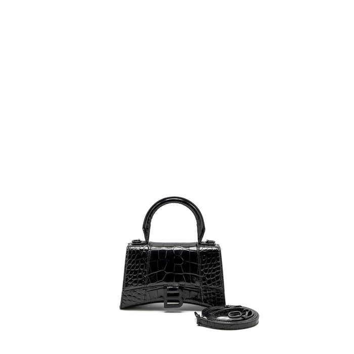 BALENCIAGA XS HOURGLASS CROC-EMBOSSED CALFSKIN SO BLACK