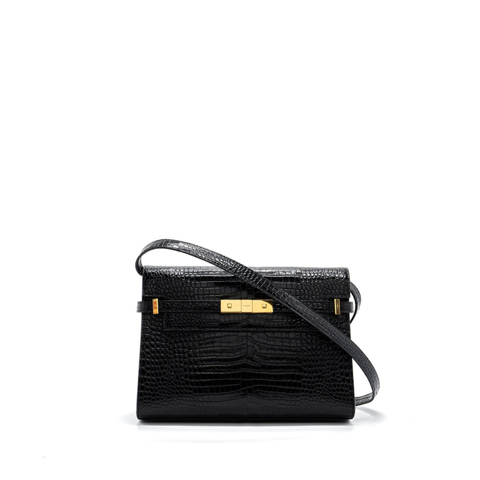 SAINT LAURENT MANHATTAN SHOULDER BAG CROC-EMBOSSED CALFSKIN BLACK GHW
