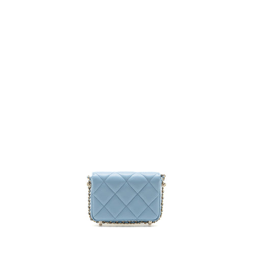 CHANEL MINI FLAP CLUTCH WITH CHAIM LAMBSKIN LIGHT BLUE LGHW