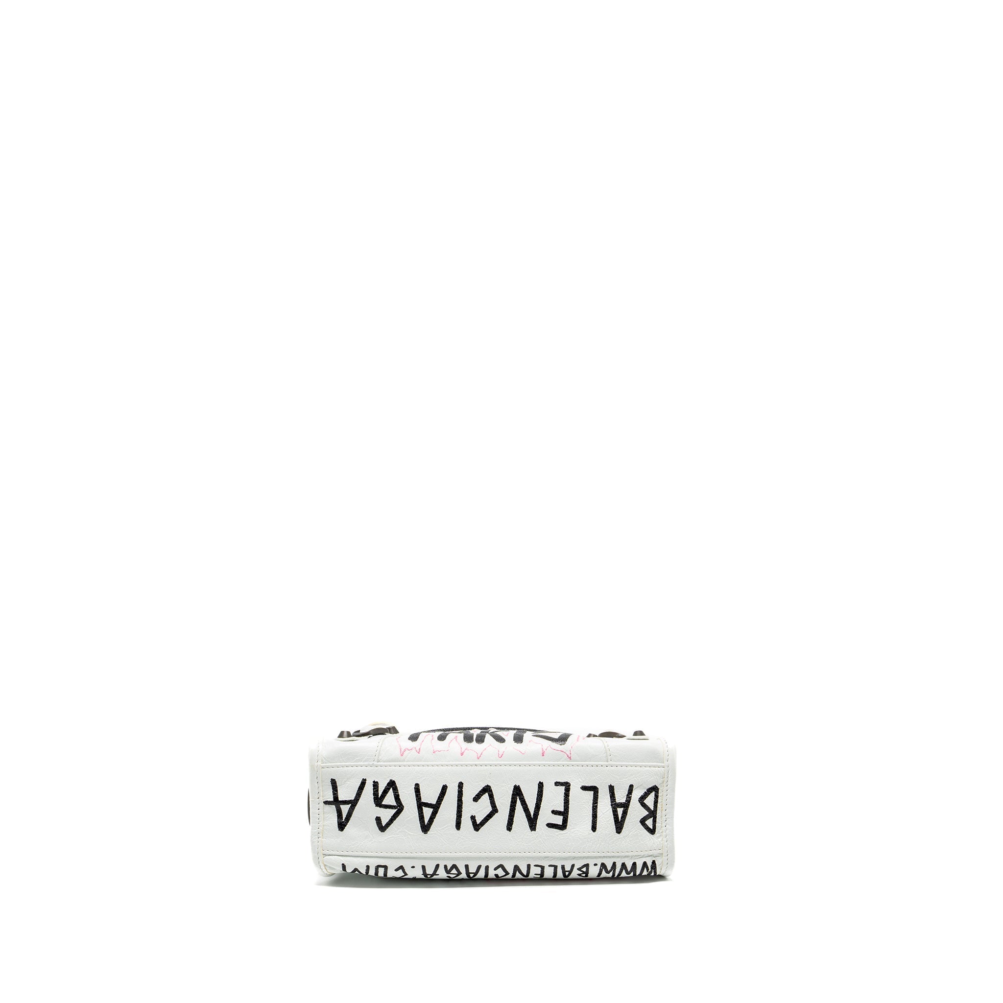 BALENCIAGA CITY GRAFFITI CLASSIC STUDS BAG LEATHER WHITE / PINK/ BLACK WITH BLACK HARDWARE