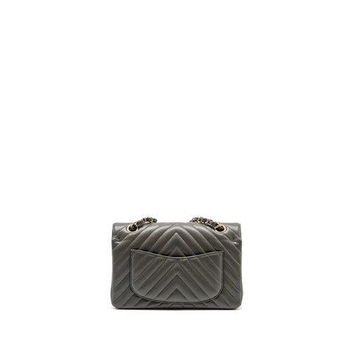 CHANEL SMALL CLASSIC DOUBLE FLAP BAG CHEVRON CAVIAR DARK GREY LGHW