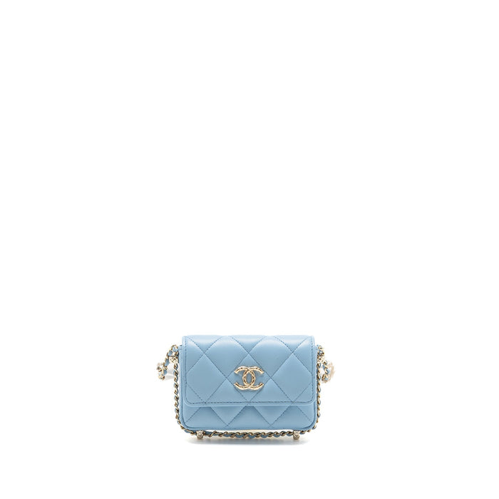 CHANEL MINI FLAP CLUTCH WITH CHAIM LAMBSKIN LIGHT BLUE LGHW