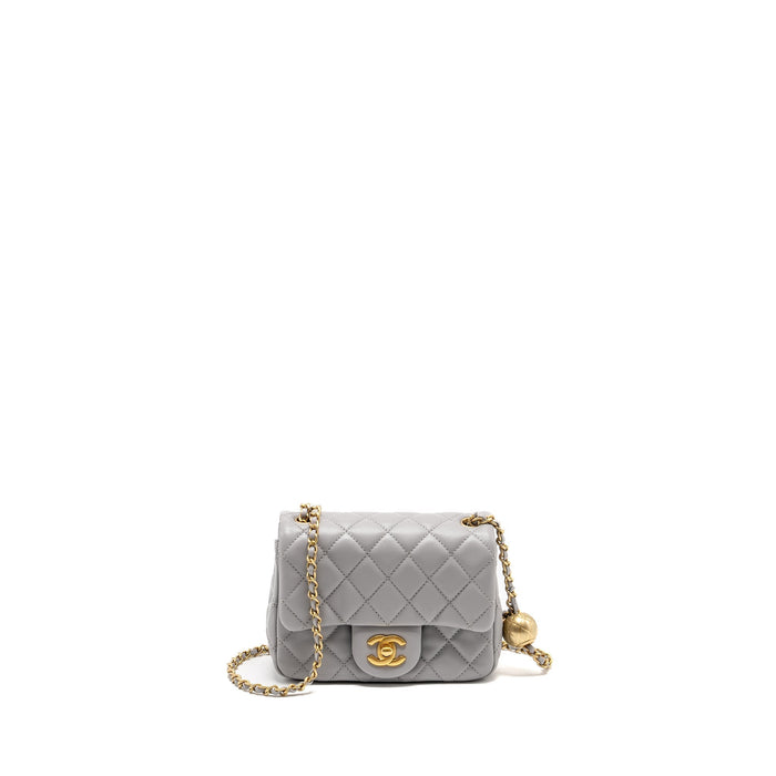 CHANEL PEARL CRUSH MINI SQUARE FLAP BAG LAMBSKIN LIGHT GREY GHW (MICROCHIP)