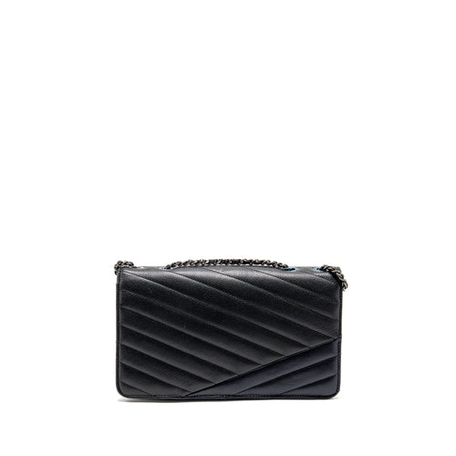 CHANEL ENVELOP METAL PLATE FLAP BAG CHEVRON CALFSKIN BLACK/NAVY RUTHENIUM SILVER HARDWARE