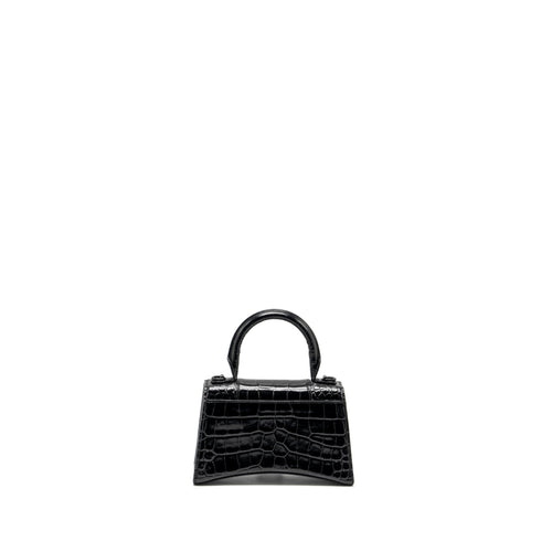 BALENCIAGA XS HOURGLASS CROC-EMBOSSED CALFSKIN SO BLACK
