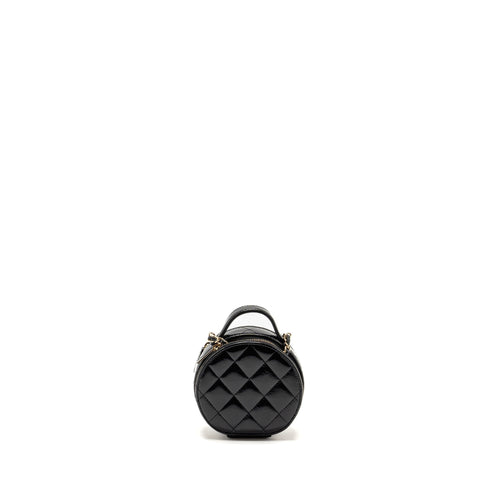 CHANEL 22B TOP HANDLE MINI ROUND VANITY CASE WITH CHAIN SHINY LAMBSKIN BLACK LGHW (MICROCHIP)