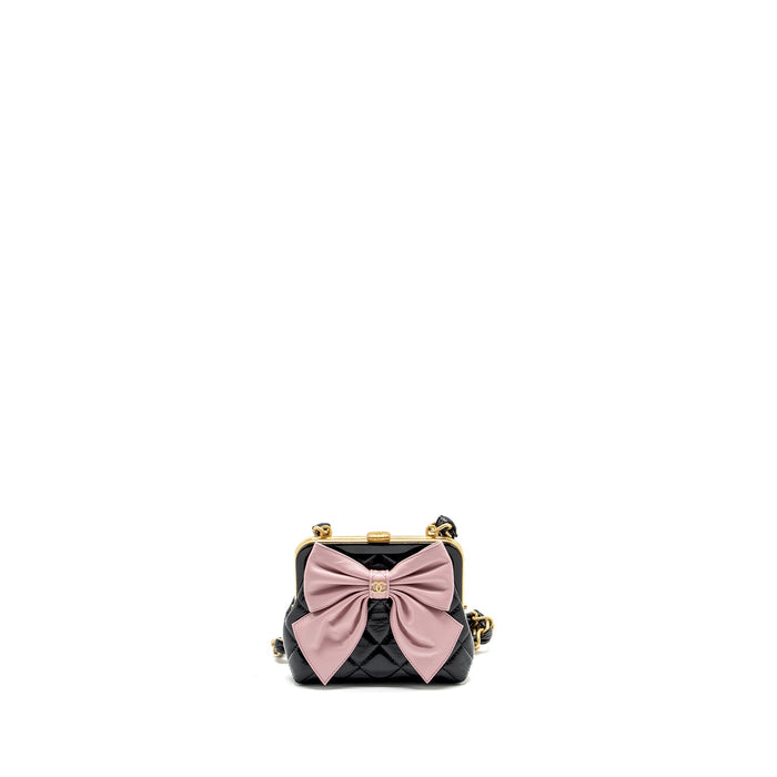CHANEL 24A BOWKNOT CLUTCH WITH CHAIN PATENT CRUMPLED LAMBSKIN/SHINY LAMBSKIN BLACK/PINK GHW (MICROCHIP)