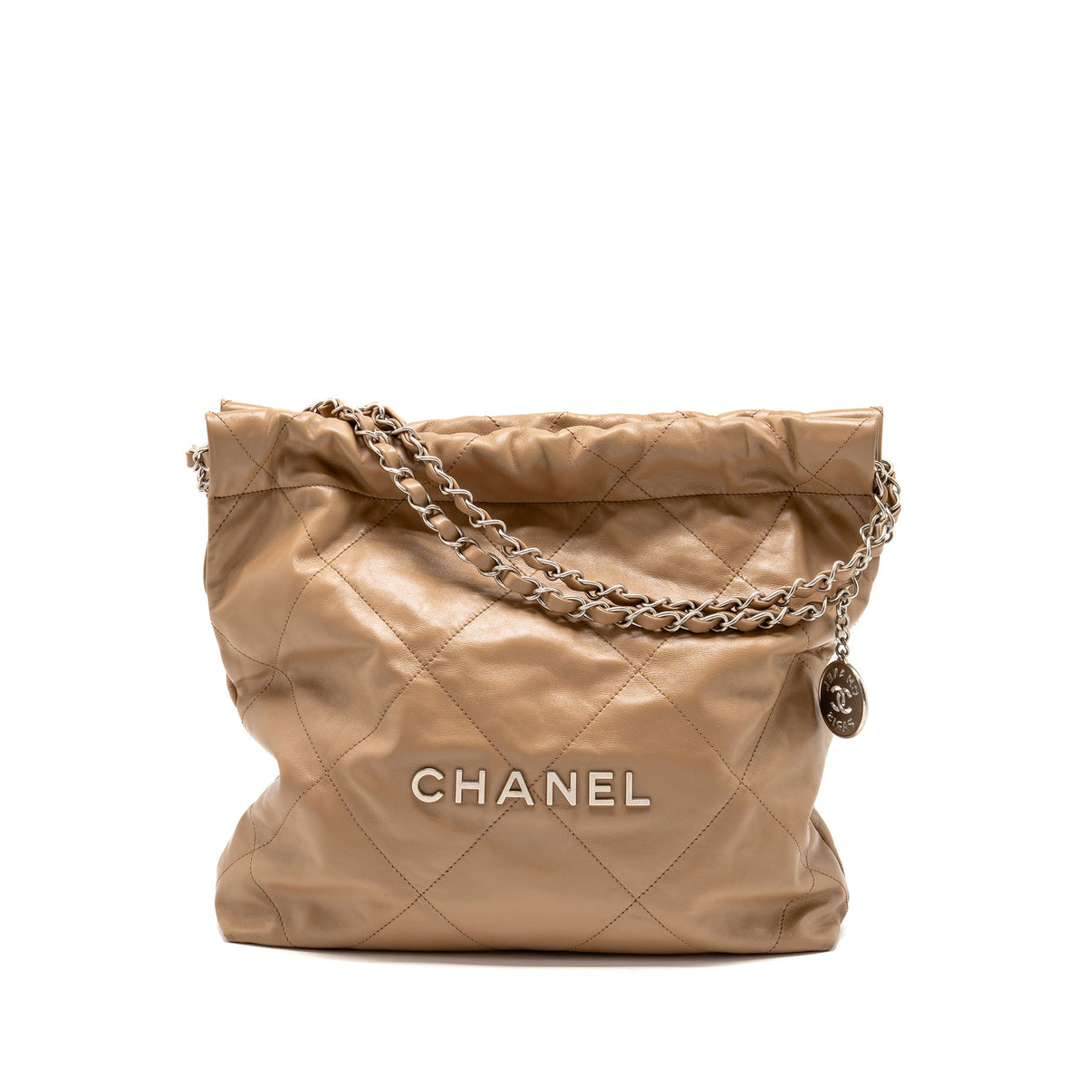 CHANEL SMALL 22 BAG CALFSKIN DARK BEIGE SHW (MICROCHIP)