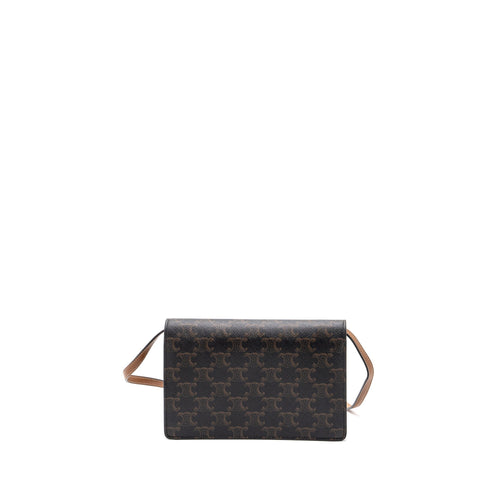 CELINE WALLET ON STRAP TRIOMPHE CANVAS / SMOOTH LAMBSKIN TAN WITH GHW