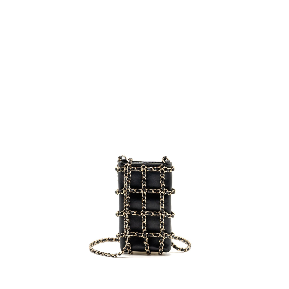 CHANEL GOLD CLUTCH O CHAIN VERTICAL PHONE HOLDER LAMBSKIN BLACK GHW