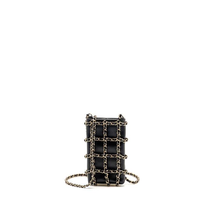 CHANEL GOLD CLUTCH O CHAIN VERTICAL PHONE HOLDER LAMBSKIN BLACK GHW