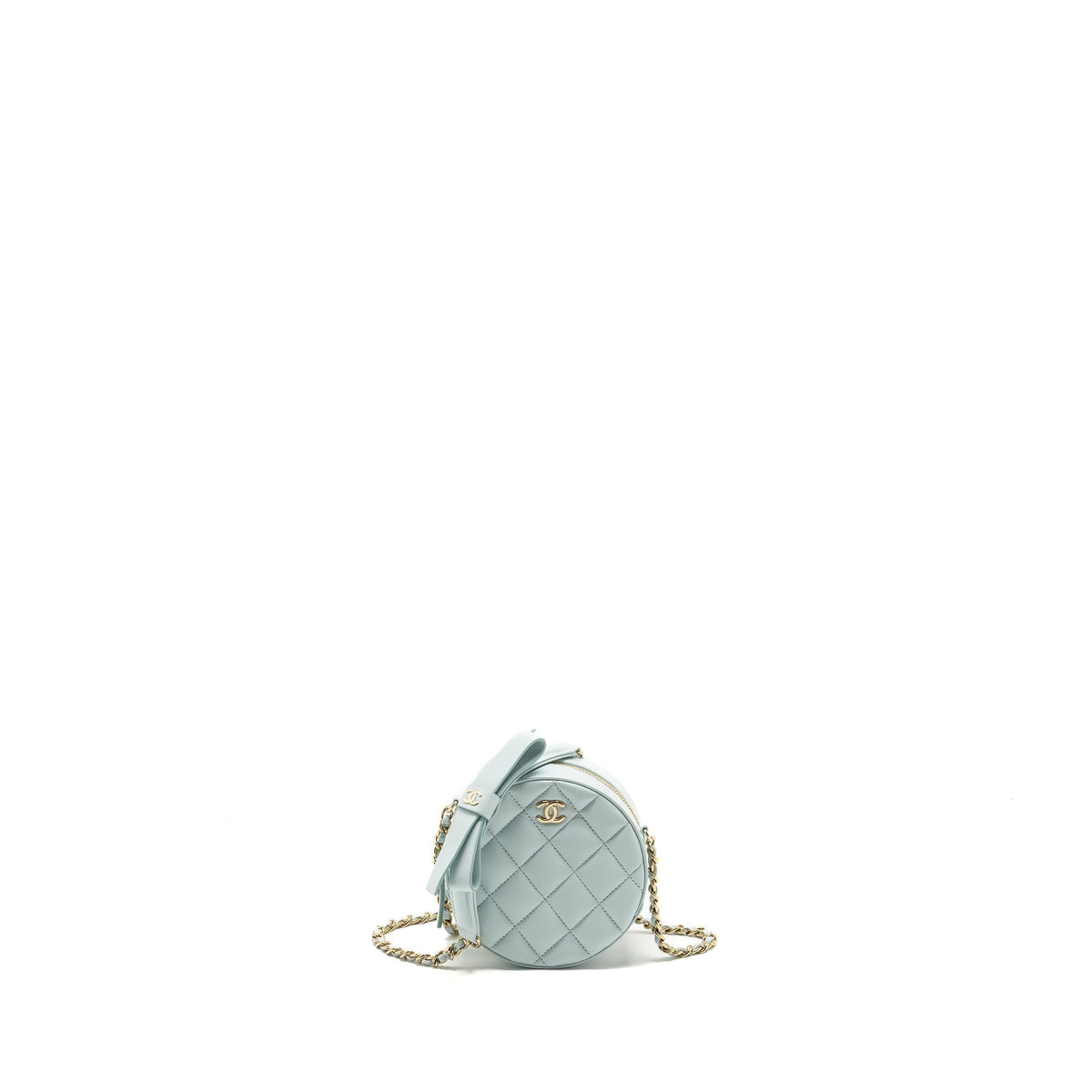 CHANEL MINI ROUND VANITY WITH RIBBON ON CHAIN LAMBSKIN LIGHT BLUE LGHW