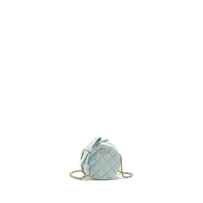CHANEL MINI ROUND VANITY WITH RIBBON ON CHAIN LAMBSKIN LIGHT BLUE LGHW