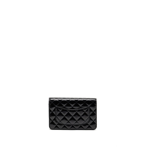 CHANEL WALLET ON CC DETAILED CHAIN SHINY LAMBSKIN BLACK GHW (MICROCHIP)