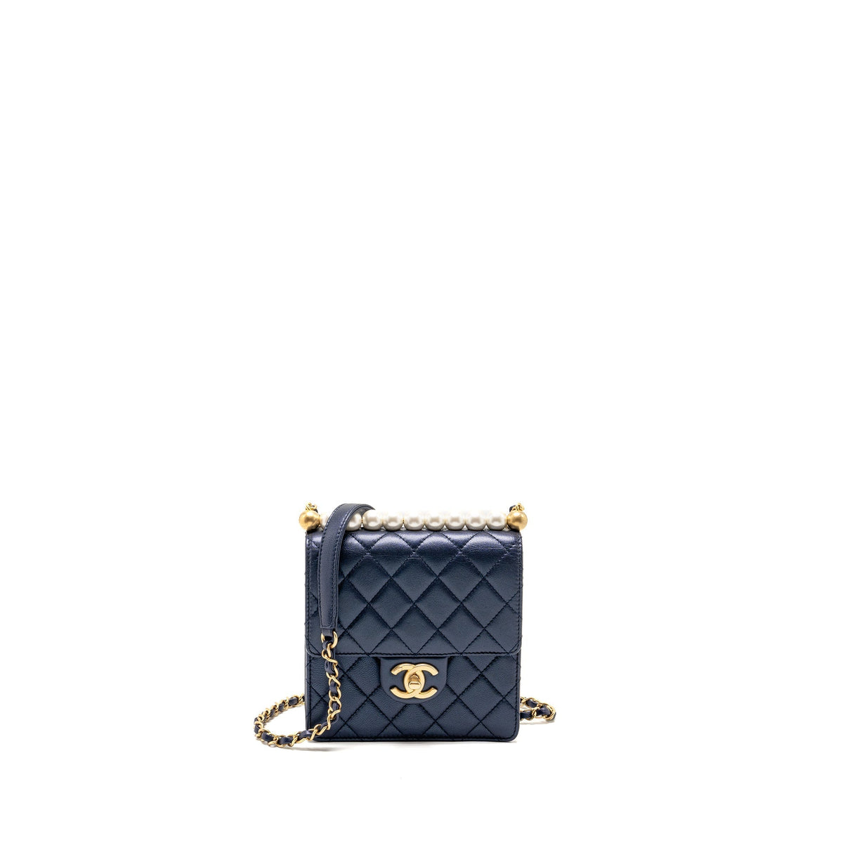CHANEL PEARL DECORATED QUILTED FLAP BAG LAMBSKIN NAVY GHW