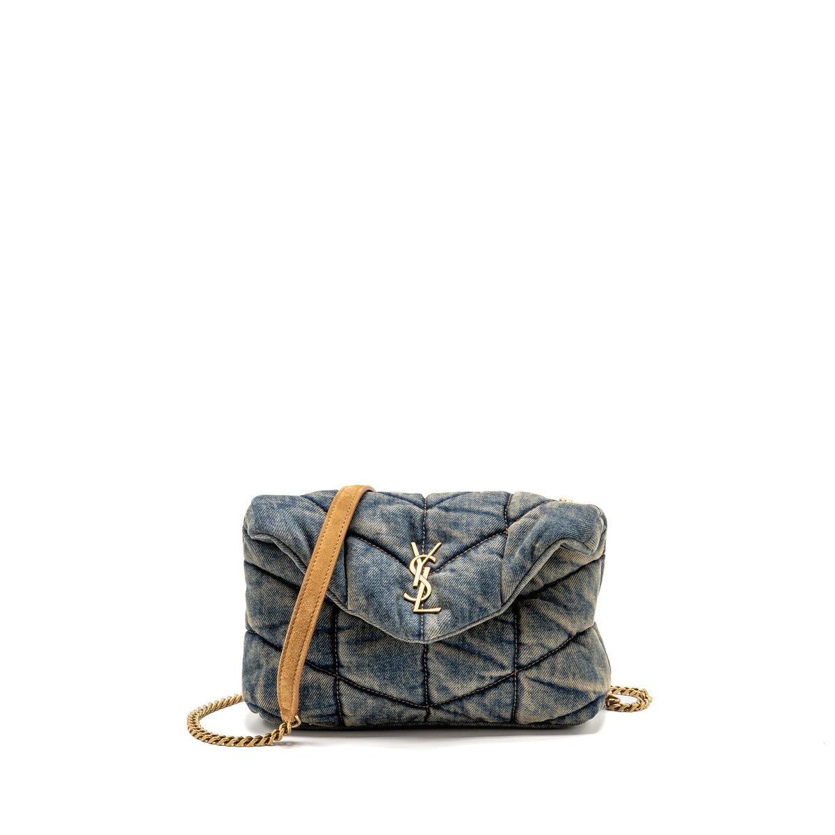 SAINT LAURENT/YSL TOY LOULOU PUFFER SHOULDER BAG DENIM INDIGO BLUE/CINNAMON GHW