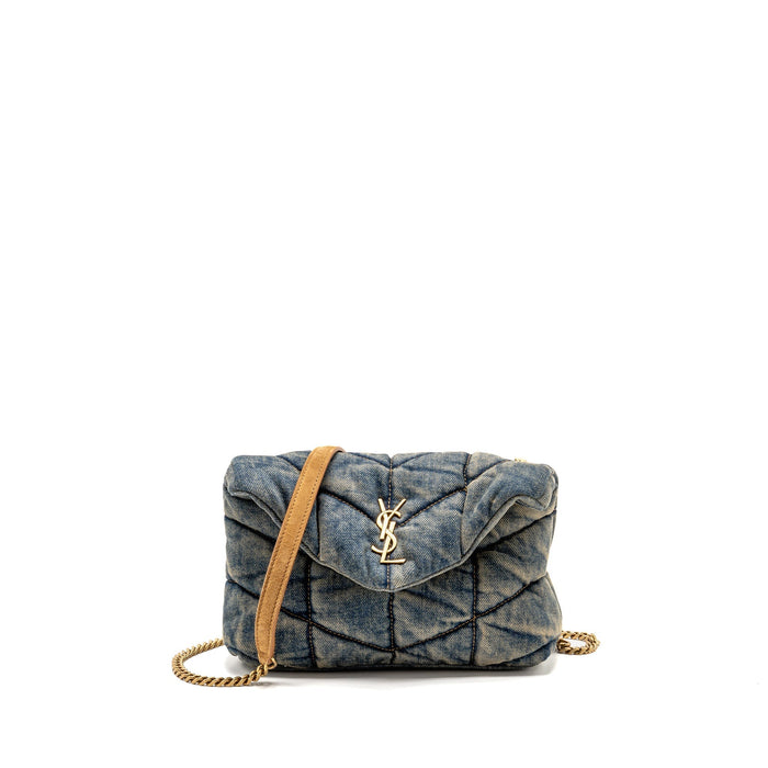 SAINT LAURENT/YSL TOY LOULOU PUFFER SHOULDER BAG DENIM INDIGO BLUE/CINNAMON GHW