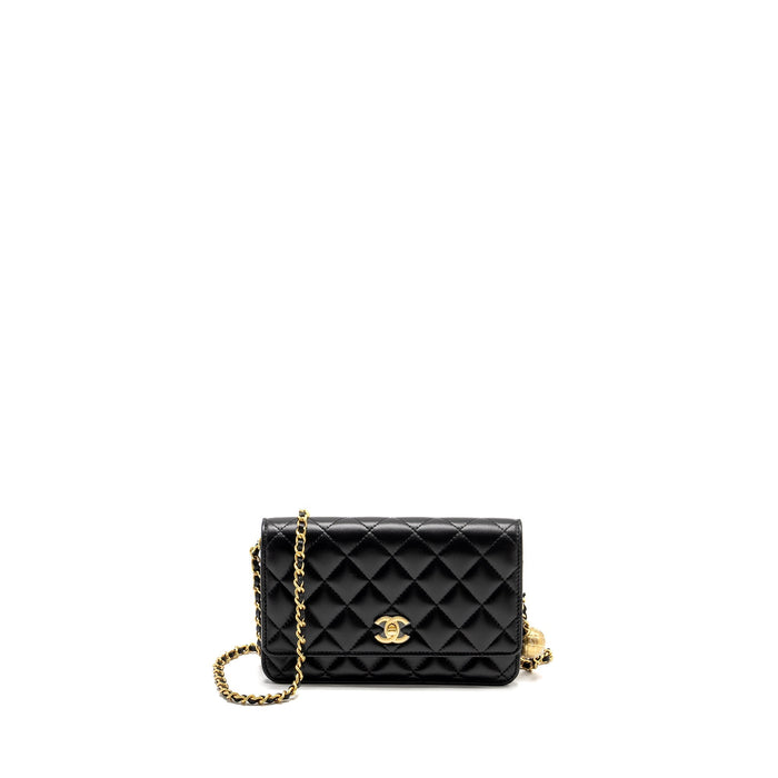 CHANEL PEARL CRUSH WALLET ON CHAIN LAMBSKIN BLACK GHW (MICROCHIP)