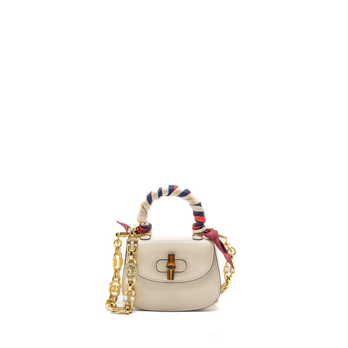 GUCCI BAMBOO 1947 MINI TOP HANDLE BAG PATENT LEATHER WHITE GHW