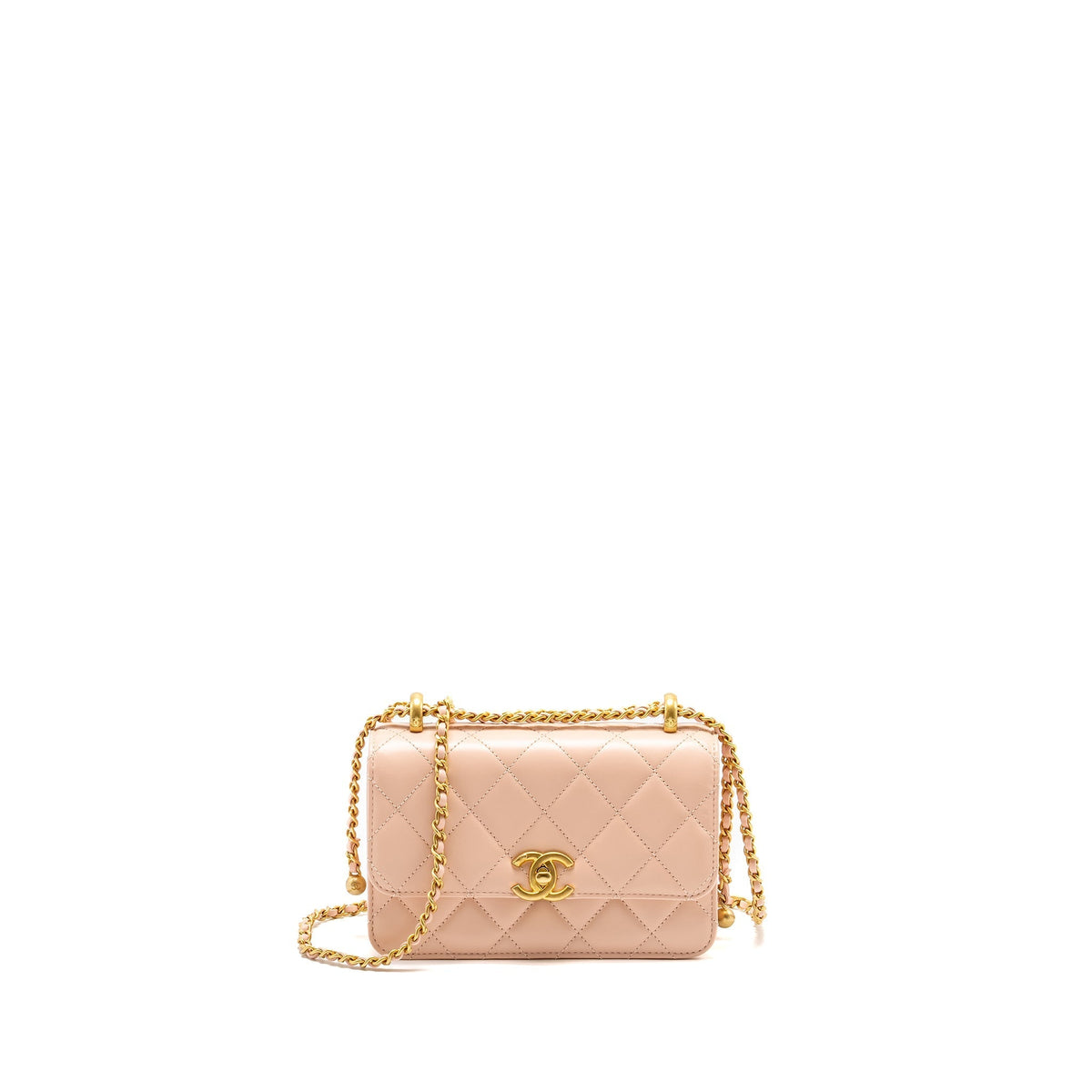 CHANEL GOLD CRUSH MINI FLAP BAG CALFSKIN LIGHT PINK GHW (MICROCHIP)
