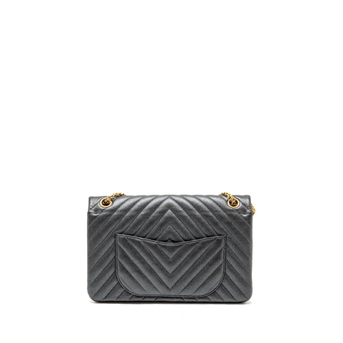 CHANEL LARGE 2.55 226 REISSUE DOUBLE FLAP BAG CHEVRON METALLIC CALFSKIN CHARCOAL GHW