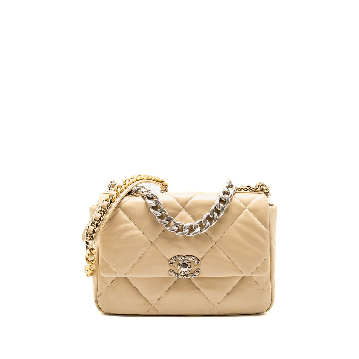 CHANEL LARGE 19 BAG LAMBSKIN LIGHT BEIGE MULTICOLOUR HARDWARE (MICROCHIP)