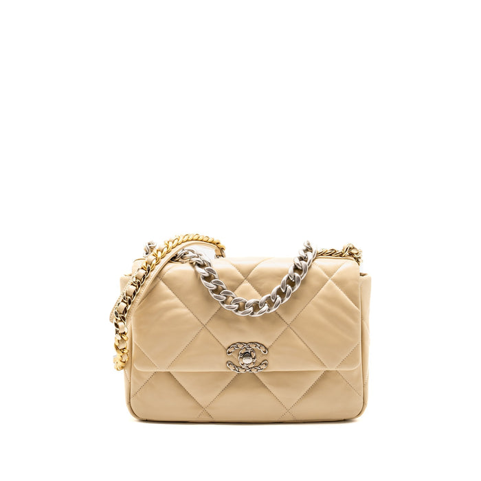 CHANEL LARGE 19 BAG LAMBSKIN LIGHT BEIGE MULTICOLOUR HARDWARE (MICROCHIP)