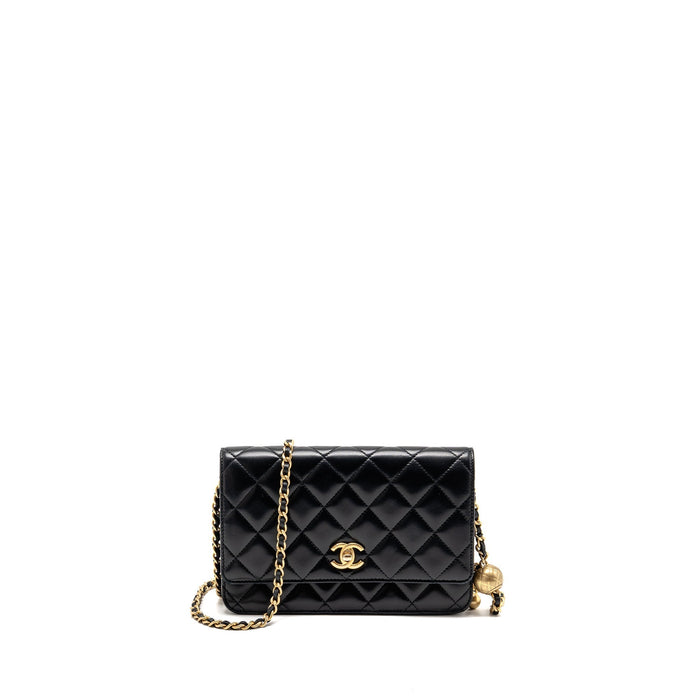 CHANEL PEARL CRUSH WALLET ON CHAIN LAMBSKIN BLACK GHW (MICROCHIP)