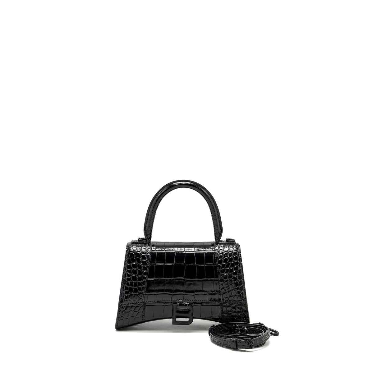 BALENCIAGA HOURGLASS S CROC-EMBOSSED CALFSKIN SO BLACK