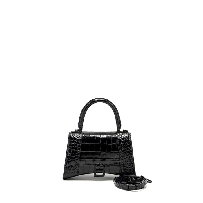 BALENCIAGA HOURGLASS S CROC-EMBOSSED CALFSKIN SO BLACK
