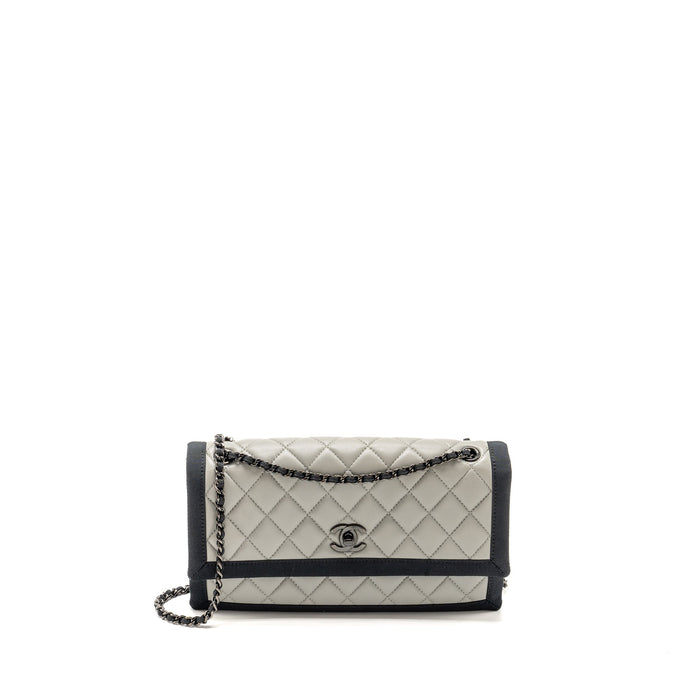 CHANEL QUILTED FLAP WITH FABRIC EDGE LAMBSKIN GREY/ BLACK WITH BLACK HARDWARE