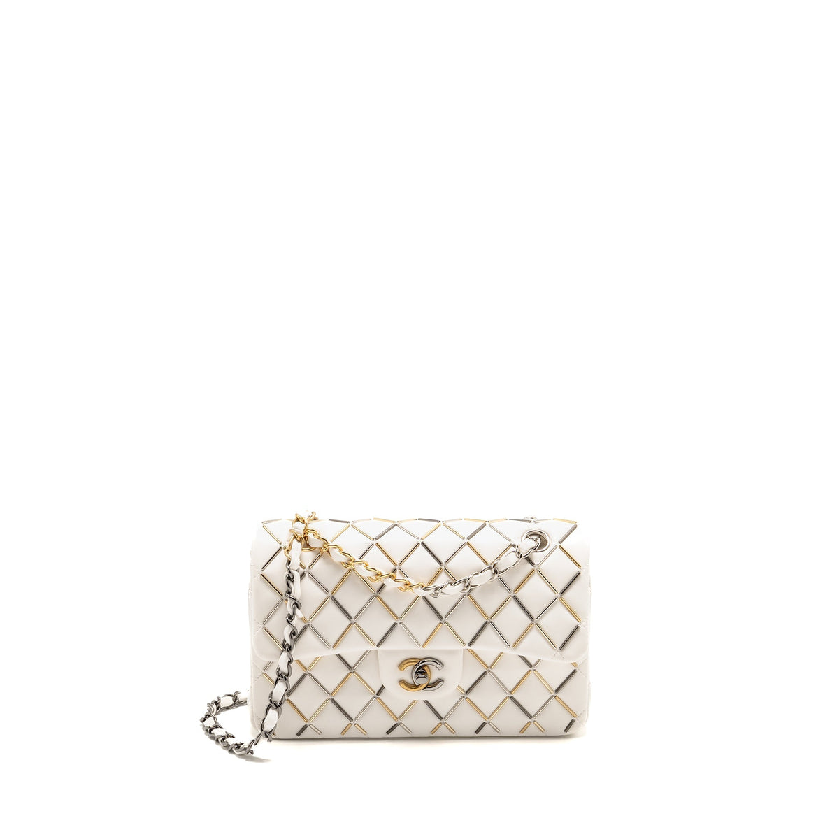 CHANEL BICOLOR METAL SMALL CLASSIC DOUBLE FLAP BAG LAMBSKIN WHITE MULITCOLOUR HARDWARE
