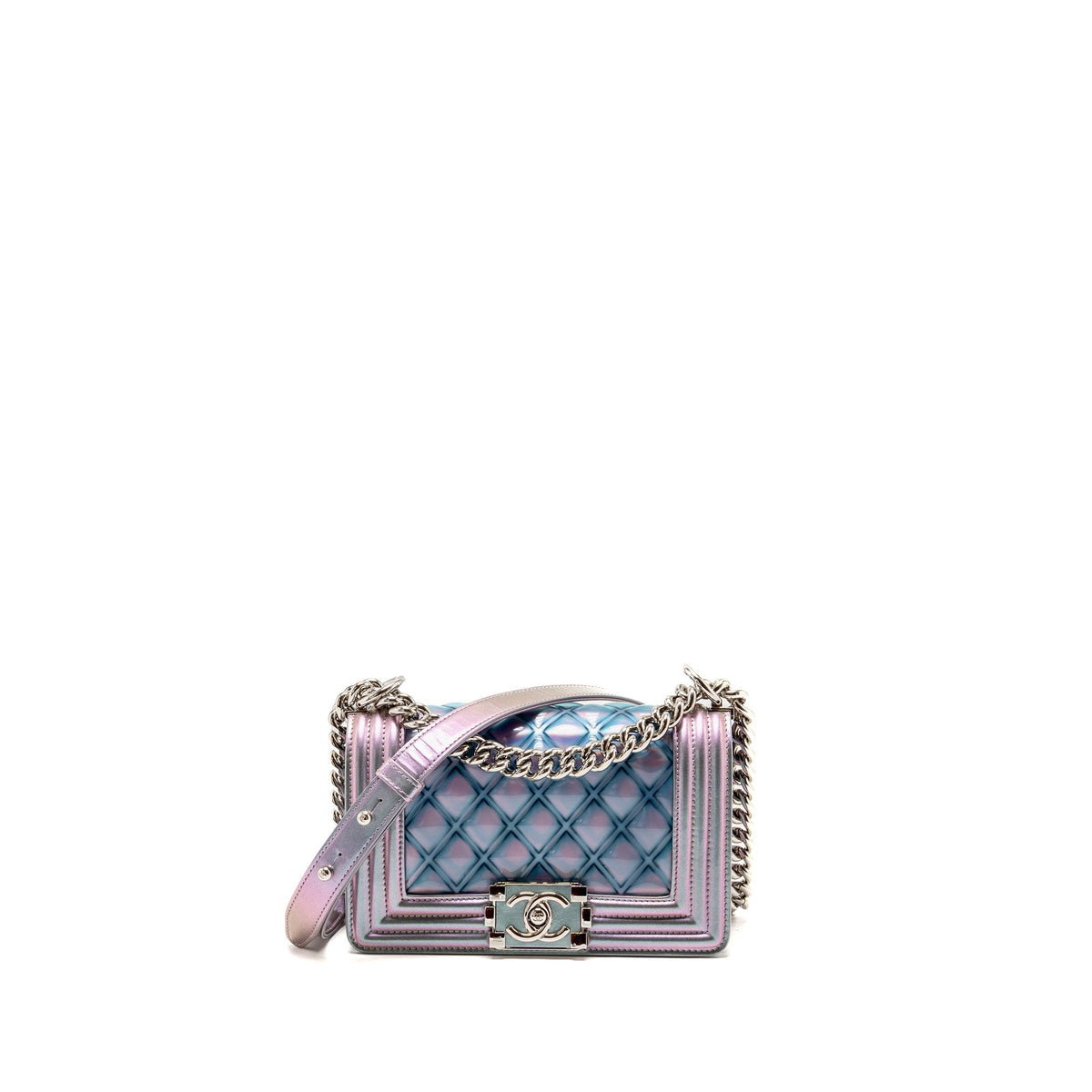 CHANEL SMALL BOY BAG LIMITED EDITION PATENT LEATHER IRIDESCENT LIGHT PURPLE SHW