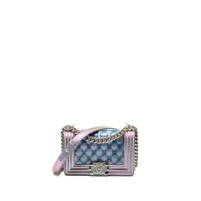 CHANEL SMALL BOY BAG LIMITED EDITION PATENT LEATHER IRIDESCENT LIGHT PURPLE SHW