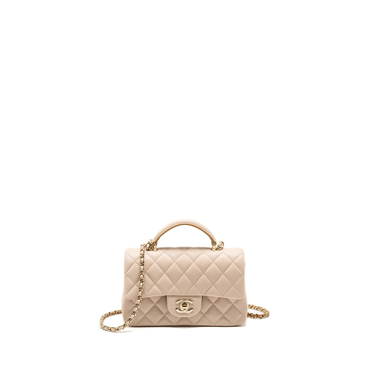 CHANEL TOP HANDLE MINI RECTANGULAR FLAP BAG LAMBSKIN ECRU/DARK BEIGE LGHW(MICROCHIP)