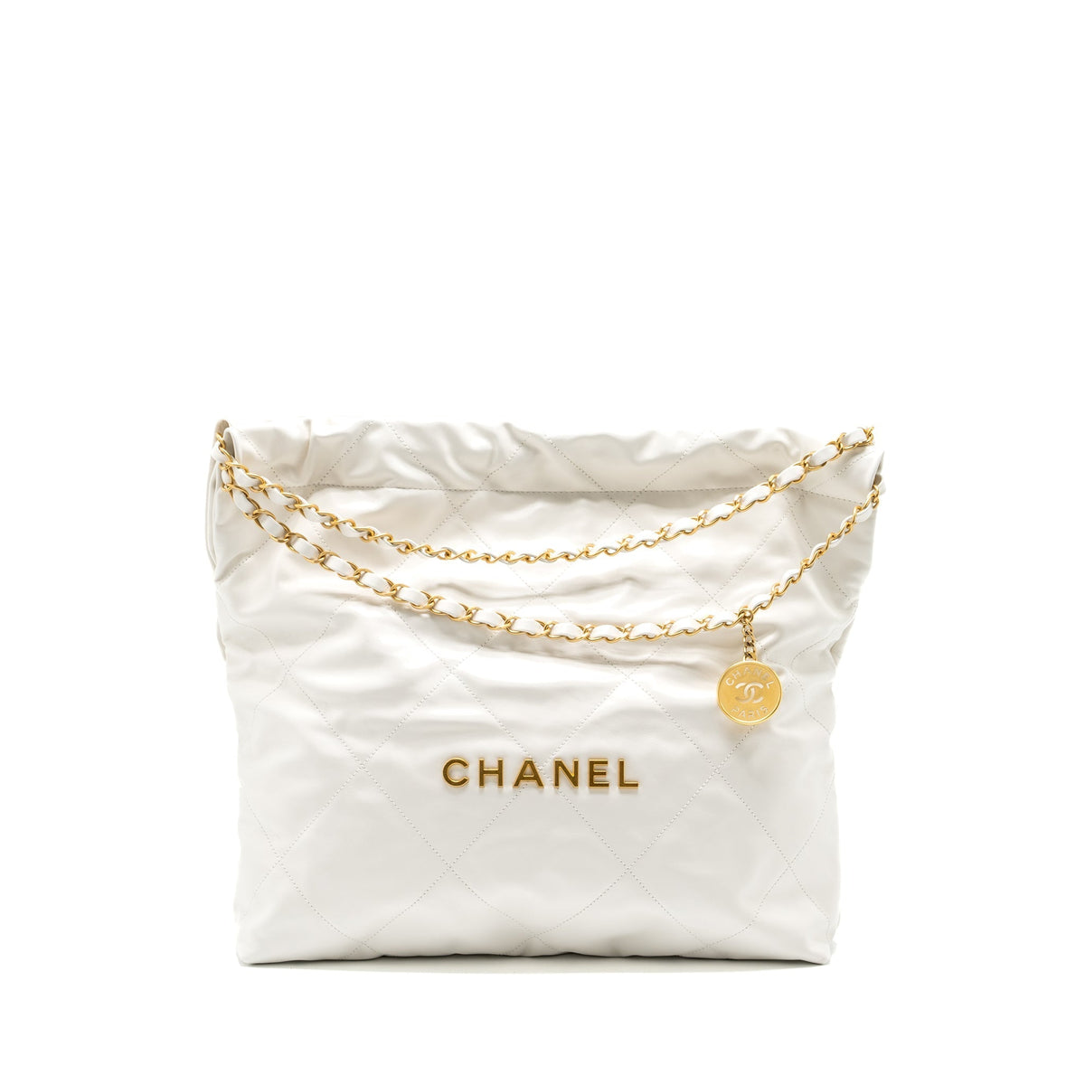 CHANEL MEDIUM 22 BAG GOLD LETTER SHINY CALFSKIN WHITE GHW (MICROCHIP)