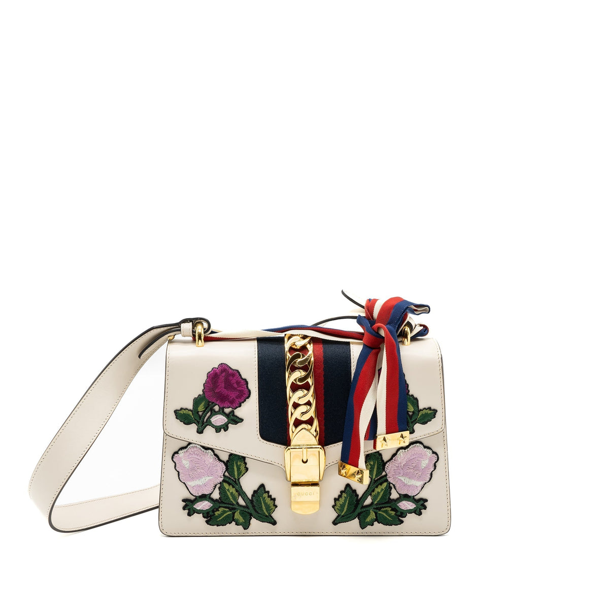 GUCCI SYLVIE EMBROIDERED SHOULDER BAG CALFSKIN WHITE GHW