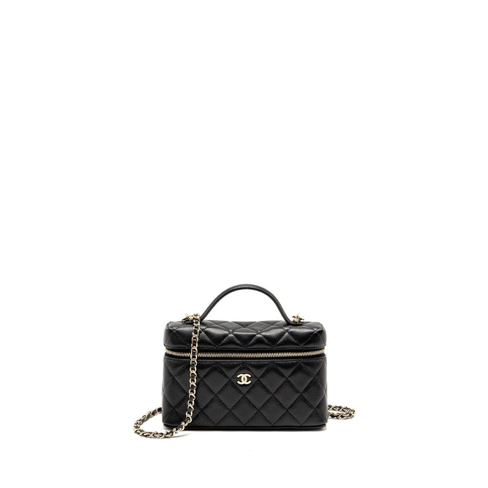 CHANEL 25P CC TOP HANDLE VANITY WITH CHAIN CAVIAR BLACK LGHW (MICROCHIP)