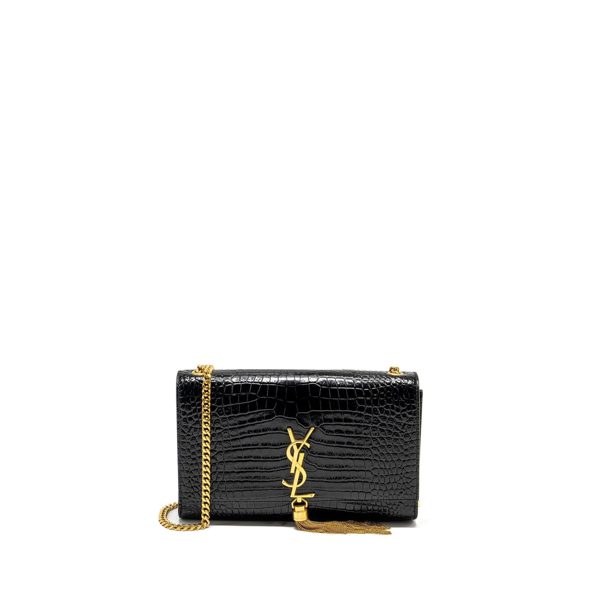 SAINT LAURENT/YSL KATE TASSEL BAG CROC-EMBOSSED CALFSKIN BLACK GHW