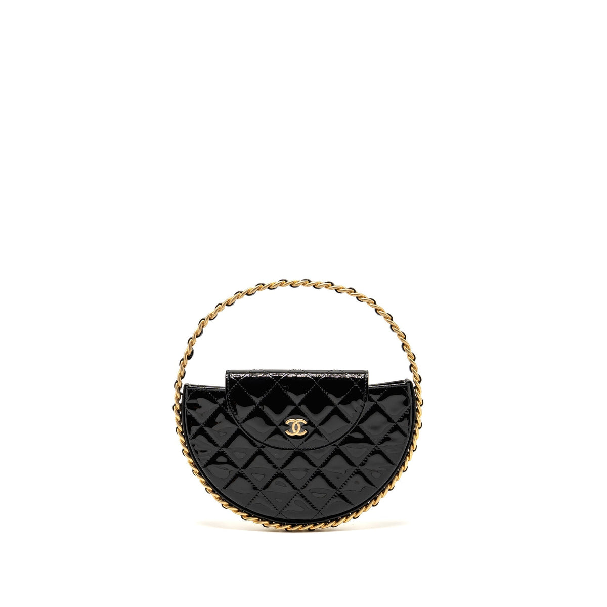 CHANEL 23K HOOP BAG PATENT LEATHER BLACK GHW (MICROCHIP)