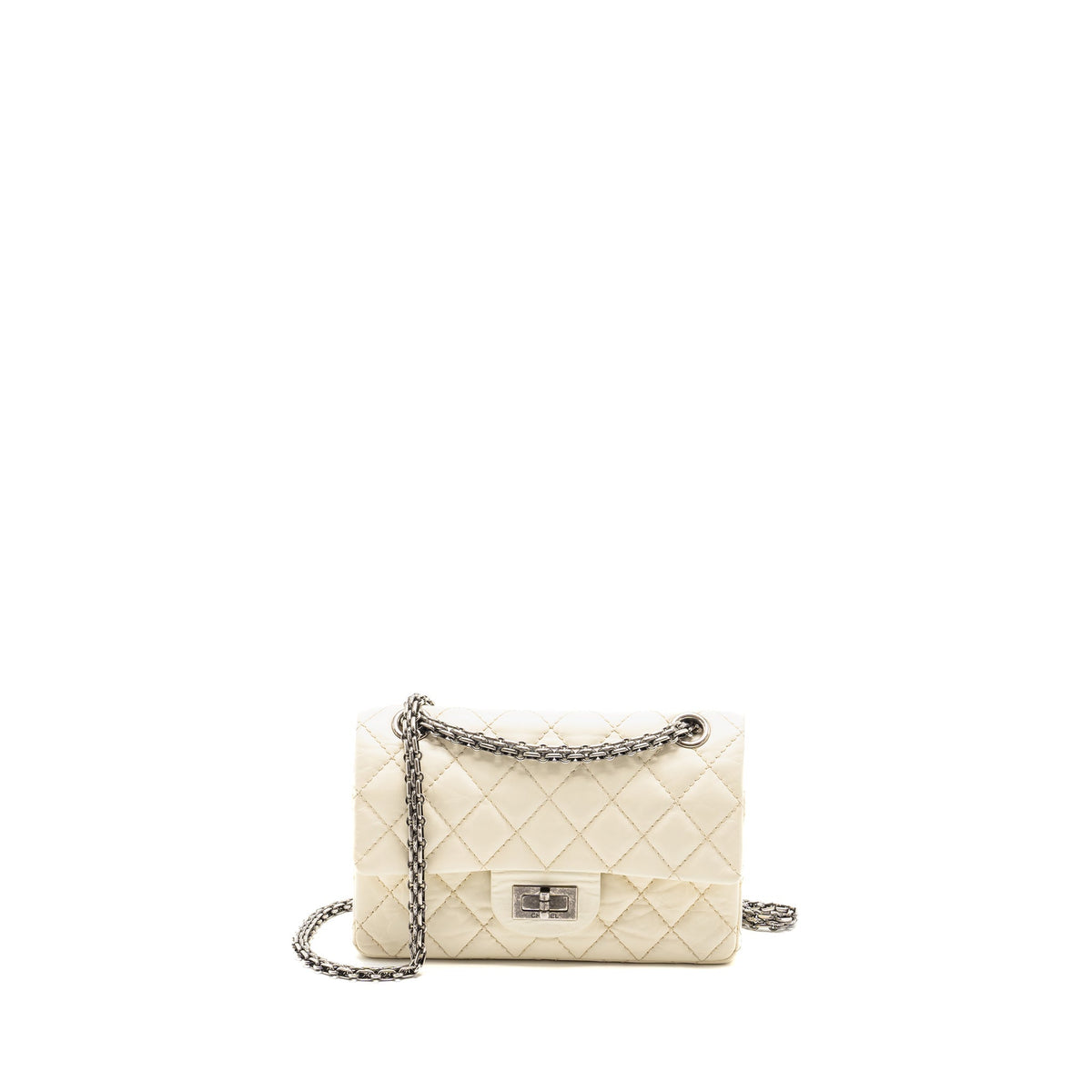 CHANEL MINI 2.55 REISSUE FLAP BAG AGED CALFSKIN CREAMY WHITE WITH RUTHENIUM HARDWARE
