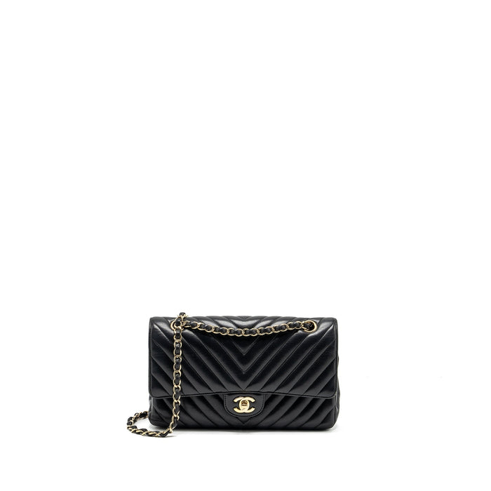 CHANEL MEDIUM CLASSIC DOUBLE FLAP BAG CHEVRON LAMBSKIN BLACK LGHW