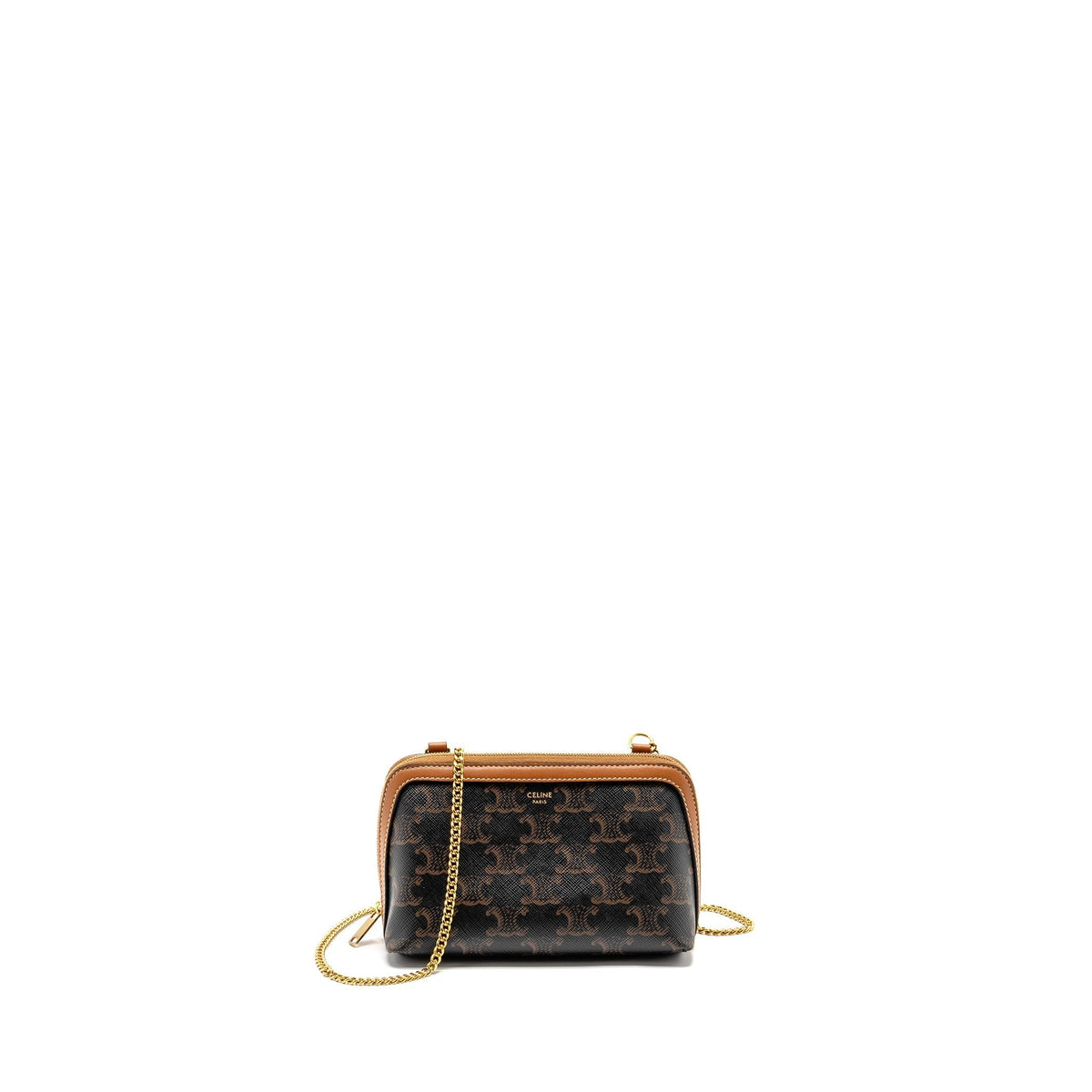 CELINE CLUTCH WITH CHAIN IN TRIOMPHE CANVAS / LAMBSKIN TAN GHW