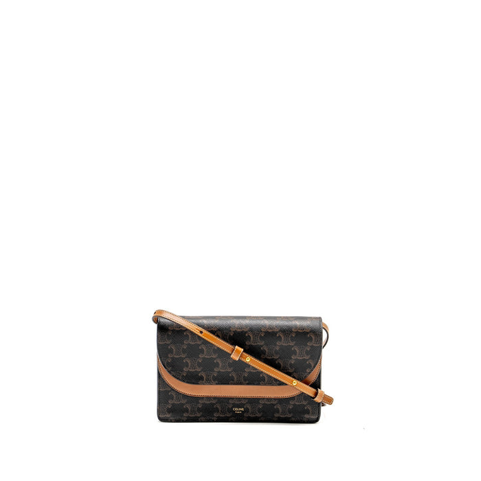 CELINE WALLET ON STRAP TRIOMPHE CANVAS /SMOOTH LAMBSKIN TAN GHW